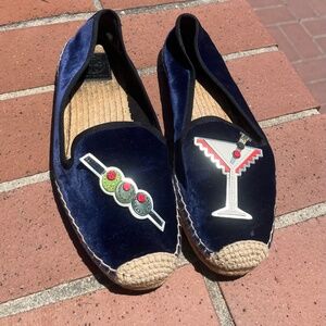 Tory Burch Blue Velvet Espadrilles with Martini Cocktail